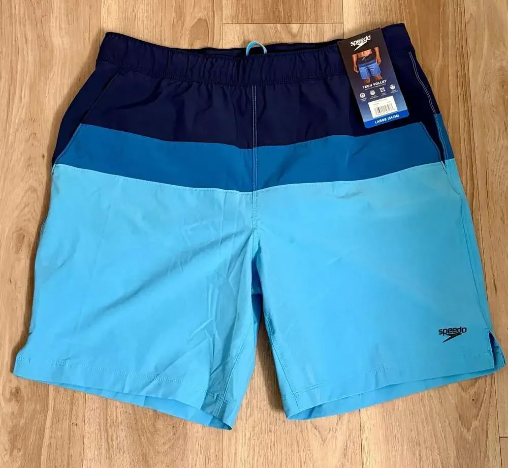Speedo Men's Tech Volley Swim Shorts with UPF Protection, Blue Colorblock